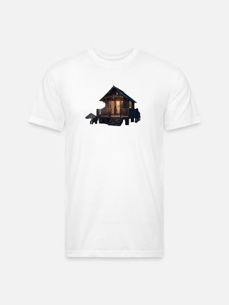 Rustic Cabin Nightscape Design - Unisex Poly/Cotton T-Shirt - white
