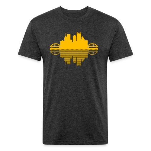 Pittsburgh Skyline Reflection (Gold) - Fitted Cotton/Poly T-Shirt by Next Level