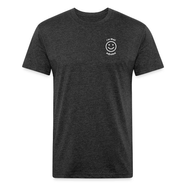 Flat product shot of the heather black Unisex Poly/Cotton Tee with small logo