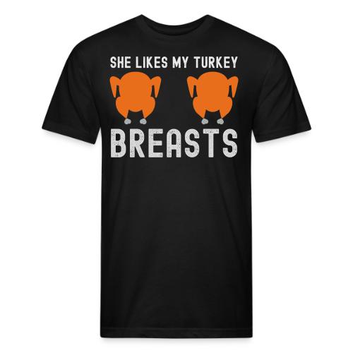 SHE Likes My Turkey BREASTS - Funny Thanksgiving - Unisex Poly/Cotton T-Shirt