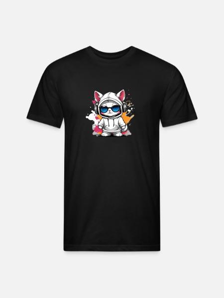 cute cat enjoying music - Unisex Poly/Cotton T-Shirt - black