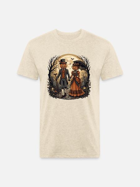 Moonlit Pumpkin Couple - Unisex Poly/Cotton T-Shirt - heather cream