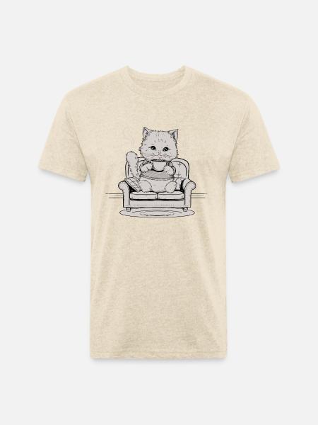 Coffee Cat In Comfy Chair - Unisex Poly/Cotton T-Shirt - heather cream