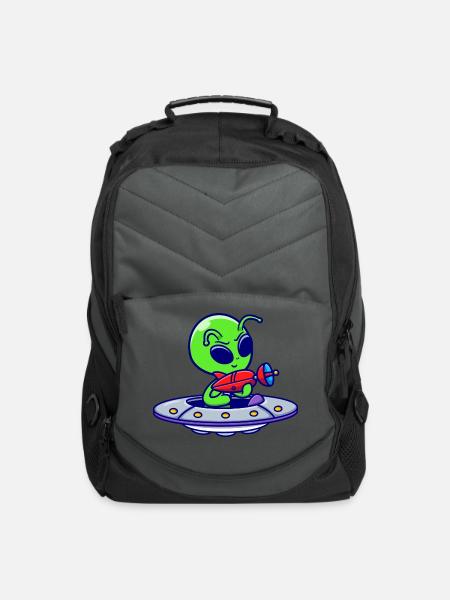 Cute Alien Holding Gun On Ufo Spaceship Cartoon - Computer Backpack - charcoal