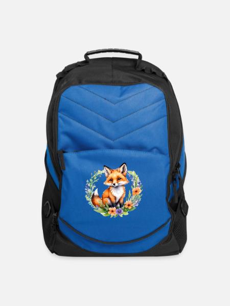 Watercolor Fox in Floral Wreath - Computer Backpack - royal blue