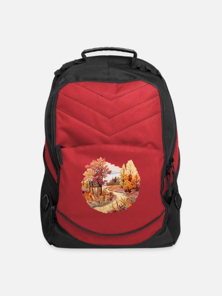 Faux Embroidered Fall Scene Design - Computer Backpack - red