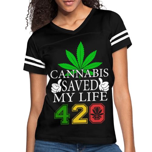 Joyous 420 Saving Herb Weed Marijuana Design - Women's V-Neck Football Tee