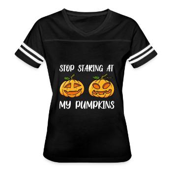 Stop Staring At My Pumpkins Halloween - Women's V-Neck Football Tee - black/white - Front - Danielle (179cm)