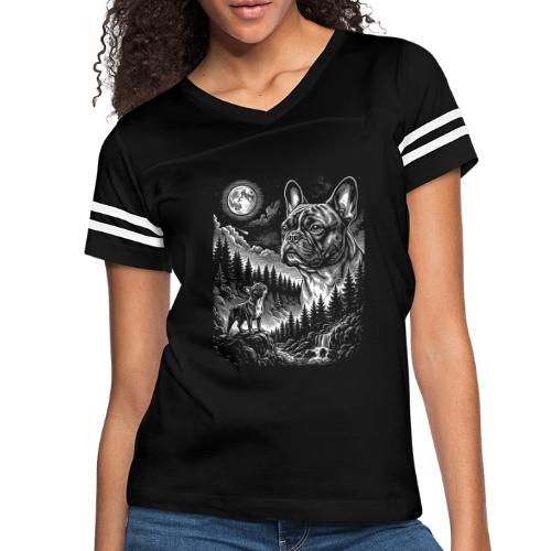 Vintage French Bulldog Moon Howling Tee - Women's V-Neck Football Tee