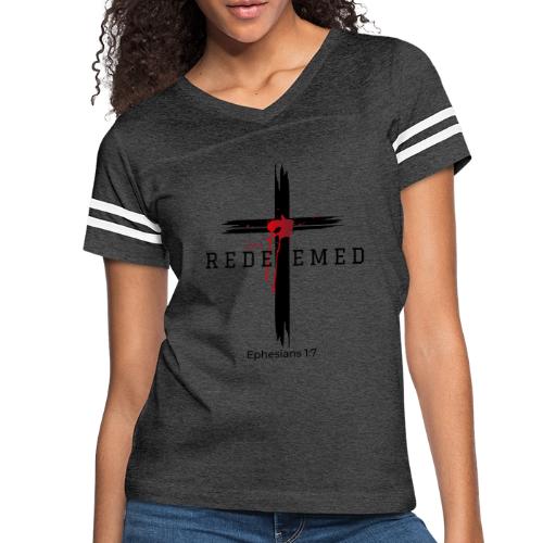 Redeemed by the blood of Jesus - Ephesians 1:7 - Women's V-Neck Football Tee