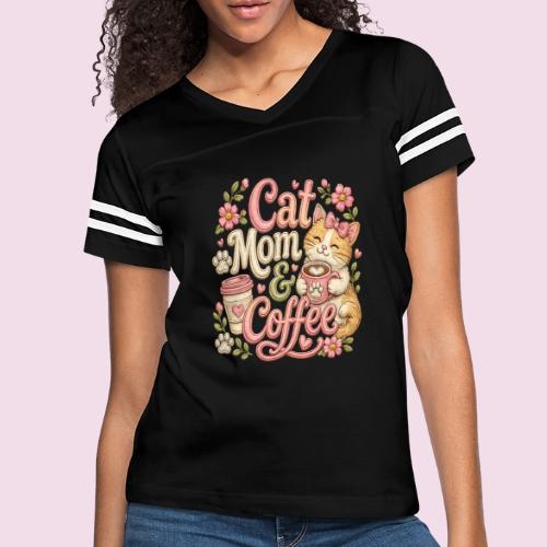 Cat Mom & Coffee Faux Stitched Cat Lover Design - Women's V-Neck Football Tee