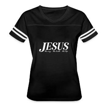 JESUS CHRIST - Women's V-Neck Football Tee - black/white - Front - Danielle (179cm)