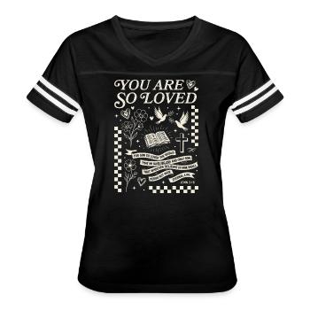 You Are Loved - John 3:16 Art - Women's V-Neck Football Tee - black/white - Front - Danielle (179cm)