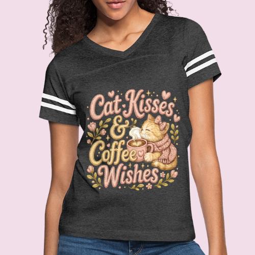 Cat Kisses & Coffee Wishes Faux Stitched - Women's V-Neck Football Tee