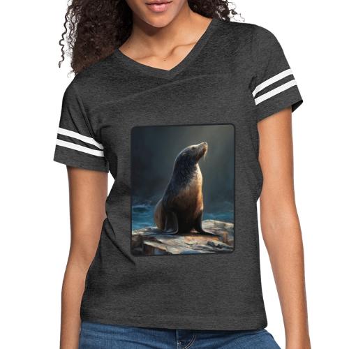 Fur Seal Artistic Shore Portrait Design - Women's V-Neck Football Tee
