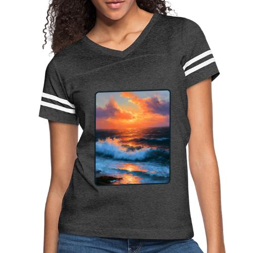 Sunset Storm Waves Oil Painting - Women's V-Neck Football Tee