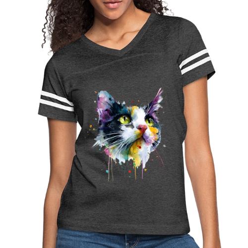 Cat: Painted Purr Expression - Women's V-Neck Football Tee