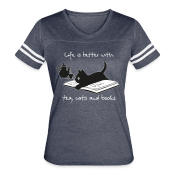 Life Is Better With tea, Cats And Books - Women's V-Neck Football Tee - vintage navy/white - Front - Danielle (179cm)