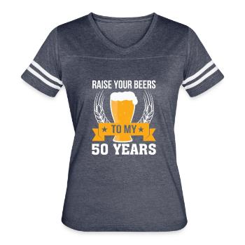 50th Birthday Beer Love Raise Your Beers - Women's V-Neck Football Tee - vintage navy/white - Front - Danielle (179cm)