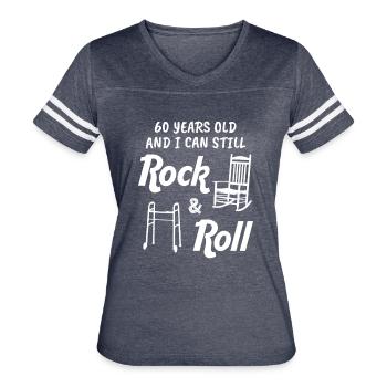 Funny Rock Roll 60th Birthday Gift T Shirt - Women's V-Neck Football Tee - vintage navy/white - Front - Danielle (179cm)