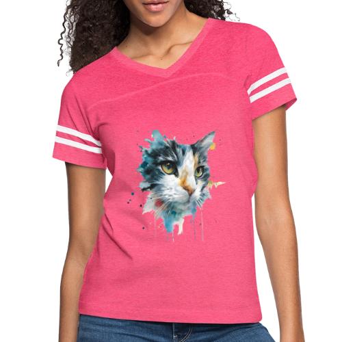 Watercolor cat face - Women's V-Neck Football Tee