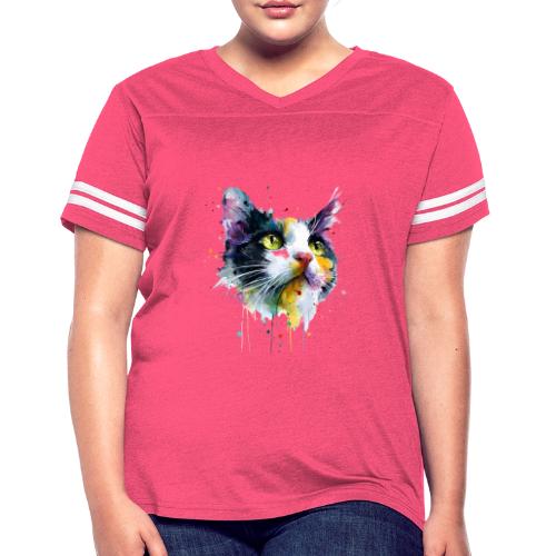 Cat: Painted Purr Expression - Women's V-Neck Football Tee