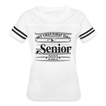 MY LAST FIRST DAY SENIOR 2023 - Women's V-Neck Football Tee - white/black - Front - Danielle (179cm)