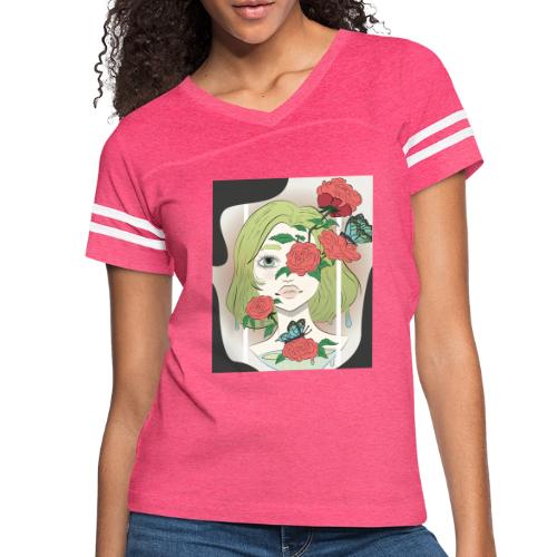 Girl with Rose Vine - Women's V-Neck Football Tee