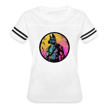 Pumped male dog in leather harness - Women's V-Neck Football Tee - white/black - Front - Danielle (179cm)