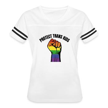 Protect Trans Kids - Women's V-Neck Football Tee - white/black - Front - Danielle (179cm)
