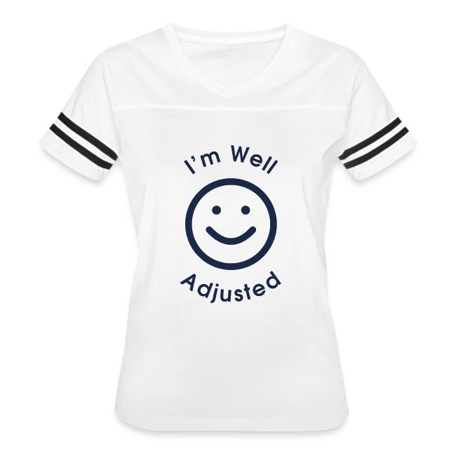 I'm Well Adjusted logo on a women's V-neck football tee
