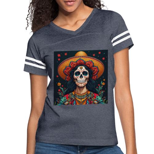 Charra Skull Art | Traditional Mexican Design - Women's V-Neck Football Tee