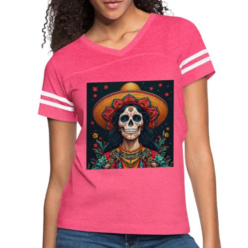 Charra Skull Art | Traditional Mexican Design - Women's V-Neck Football Tee