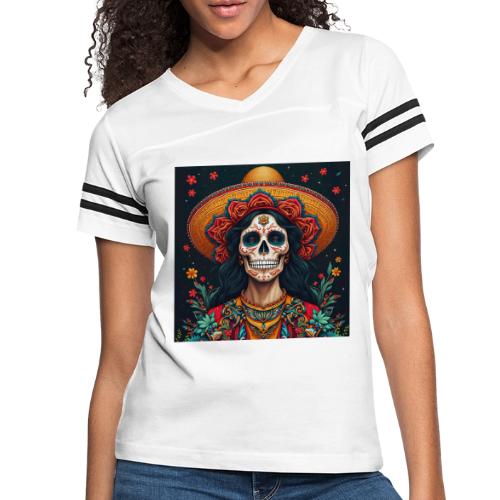 Charra Skull Art | Traditional Mexican Design - Women's V-Neck Football Tee