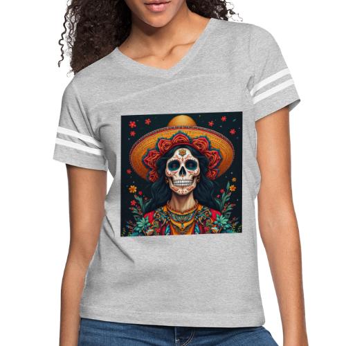 Charra Skull Art | Traditional Mexican Design - Women's V-Neck Football Tee