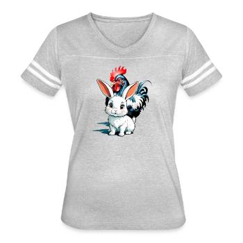 Cute little snow bunny and black cock rooster - Women's V-Neck Football Tee - heather gray/white - Front - Danielle (179cm)
