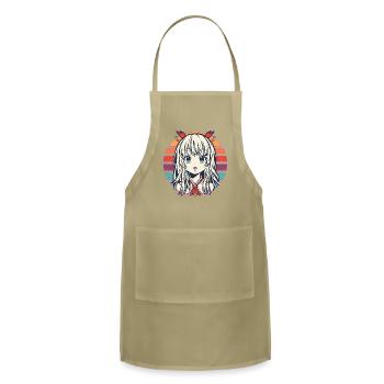 Retro Neon Anime Girl in Sunset Stripes - Adjustable Apron - khaki - Front