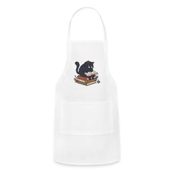 Black Cat Reading on Book Stack - Adjustable Apron - white - Front - Julia (174cm)