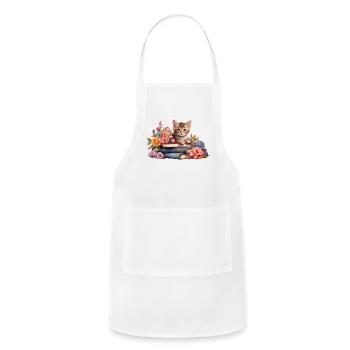 Kitten with a stack of books. - Adjustable Apron - white - Front - Julia (174cm)