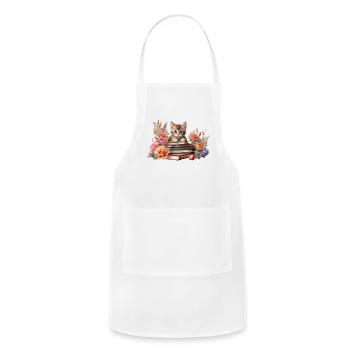 Kitten with a stack of books. - Adjustable Apron - white - Front - Julia (174cm)
