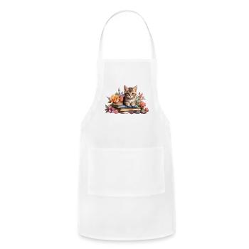 Kitten with a stack of books. - Adjustable Apron - white - Front - Julia (174cm)