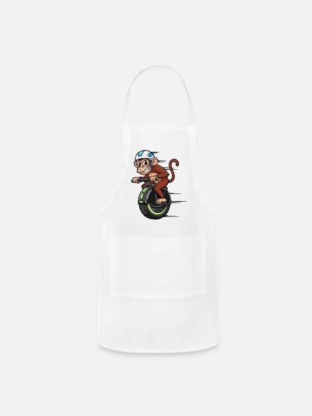 Funny chimpanzee unicycle racer stuntman motorcycl - Adjustable Apron - white