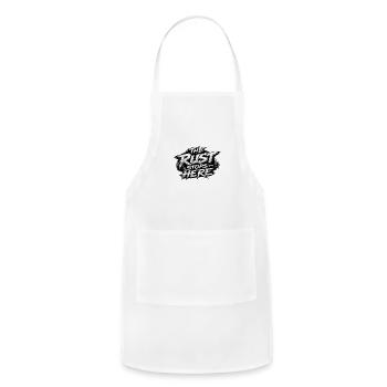 Rust Stops Here: Brushed Retro Script - Adjustable Apron - white - Front - Julia (174cm)