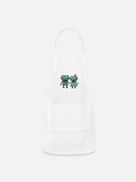 Teal Robot Couple Vintage Charm - Adjustable Apron - white