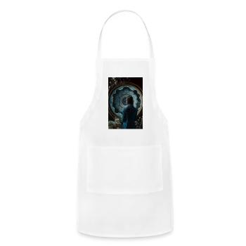 A woman in a blue dress standing in front a mirror - Adjustable Apron - white - Front - Julia (174cm)