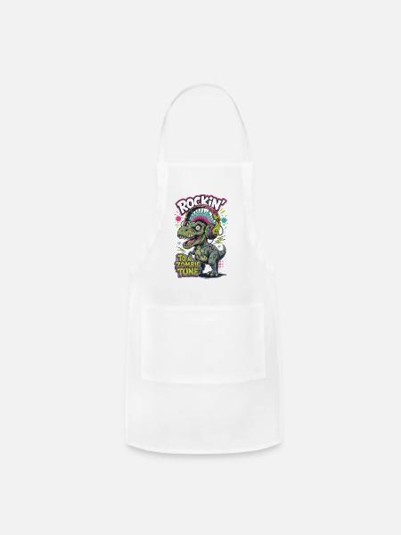 Punk Zombie T-Rex: Rockin' To A Zombie Tune - Adjustable Apron - white