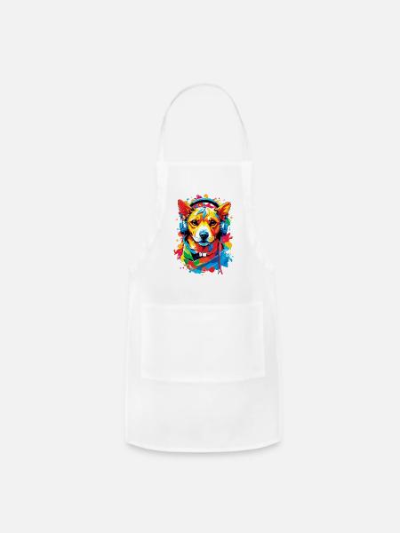 Dog Wearing Headphones Vibrant Design - Adjustable Apron - white