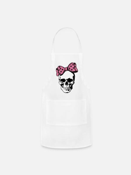 Pink Polka Dot Bow Skull - Adjustable Apron - white