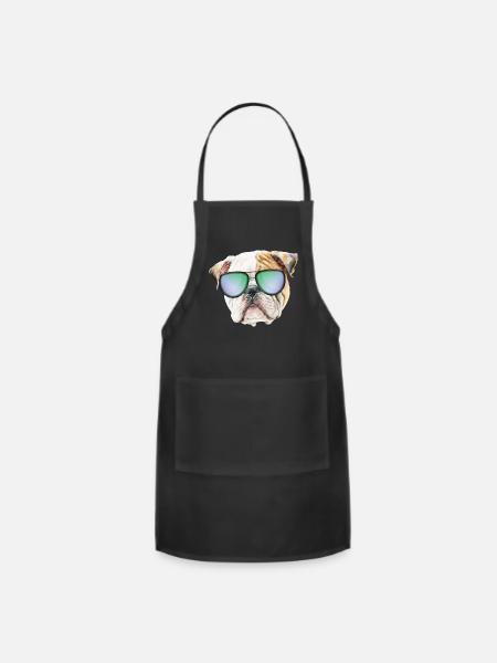 Cute english bulldog with sunglasses, Funny puppy - Adjustable Apron - black