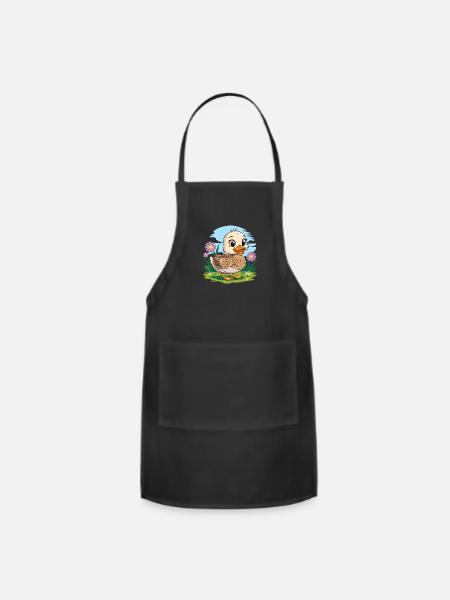 Cute Baby Duck In Spring With Flowers - Adjustable Apron - black